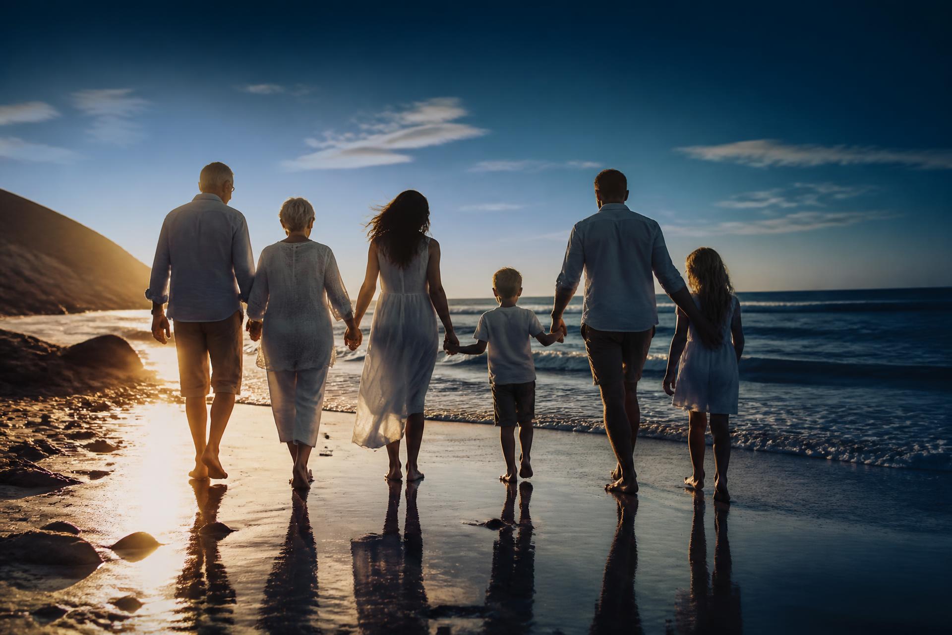 Family walking together on a beach at sunset